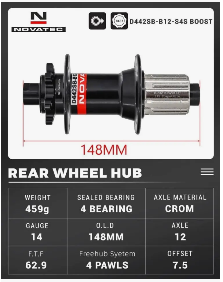Maza Trasera Novatec 12x148 Boost 32h Nucleo Hg Shimano